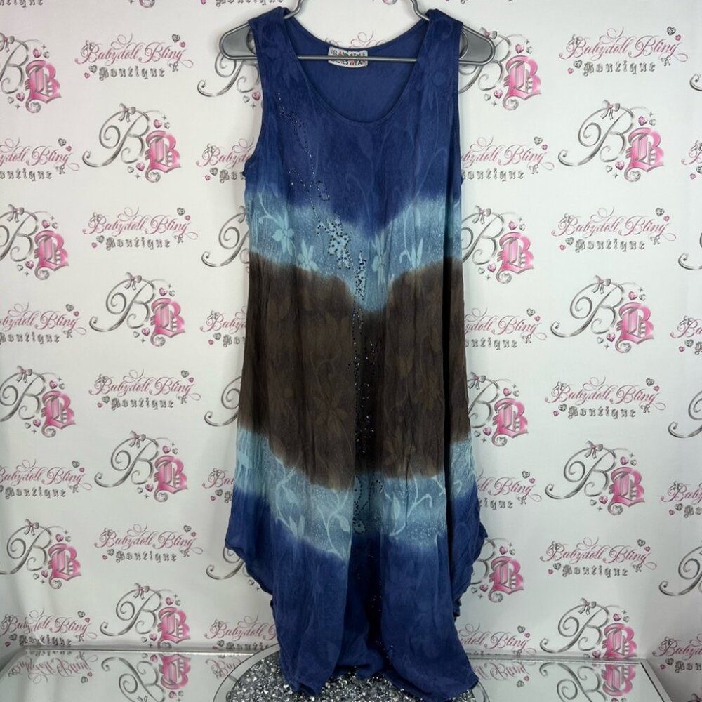 Island style ladies wear dress tie dye beaded Asymmetrical Blue Brown Dress